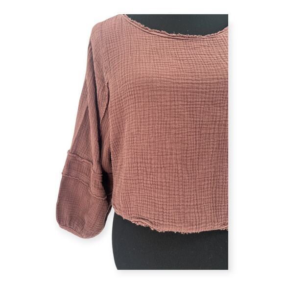 Grade & Gather S Muslin Textured Gauzy Top Balloon Long Sleeve Cropped Blouse - Picture 2 of 6